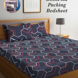 Arrabi Bookfold Blue & Red Geometric Printed 300 TC King Bedsheet & Pillow Covers-23