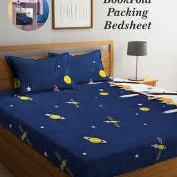 Arrabi Bookfold Blue & Yellow Conversational 300 TC King Bedsheet With 2 Pillow Covers-image-72