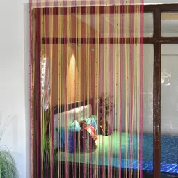 Homefab India 2 Pieces Pink & Beige Thread Strings Sheer Door Curtains-12