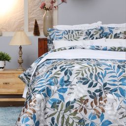 BLUE DAHLIA Blooming Blue Floral 250 TC Cotton Fitted King Bedsheet With 2 Pillow Covers-image-63