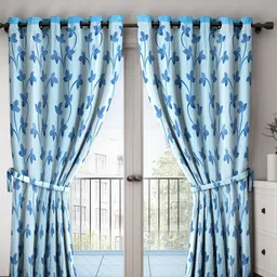Cortina Blue & White 2 Pieces Leaf Printed Door Curtains-image-95