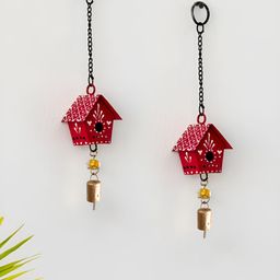 JASMEY HOMES Red 2 Pieces Textured Little Hut Wind Chimes-50