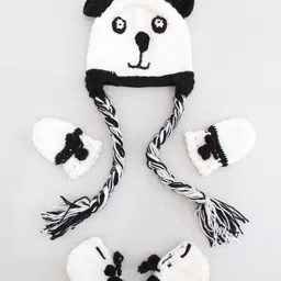 Woonie Unisex Kids Self Design Panda Acrylic Cap with Booties & Mittens-13