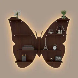 vibecrafts Butterfly Shape Backlit Walnut Wood Wall Shelf-picture-3