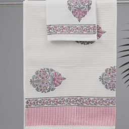peepul tree Hand Block Printed 100% Pure Cotton Floral Pink 240 GSM Super Absorbent 1 Hand and 1 Bath Towel Set-picture-46