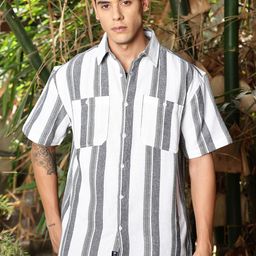 The Roadster Lifestyle Co. White & Grey Striped Oversized-Fit Pure Cotton Casual Shirt-image-71