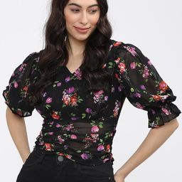 Tokyo Talkies Black & french middle red purple Floral Print Wrap Top-picture-12