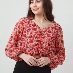 Zink London Pink & Maroon Floral Print Crop Top-image-80
