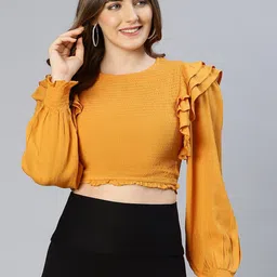 Oxolloxo Women Mustard Yellow Ruffles Smocked Crepe Crop Top-image-46