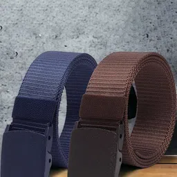 The Roadster Lifestyle Co. Men Brown & Blue Set Of 2 Textured Canvas Belts-image-93