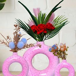 GW CREATIONS Pink 3 Pieces Printed Donut Shaped Flower Vases-57