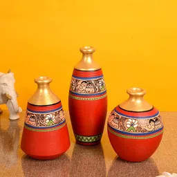 AAKRITI ART CREATIONS Set of 3 Red & Gold-Toned Madhubani Print Vases-picture-20