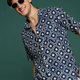 Sangria Blue Modern Fit Geometric Block Printed Pure Cotton Chinese Collar Shirt-image-26