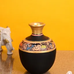AAKRITI ART CREATIONS Black & Brown Handcrafted Madhubani Vase-image-18