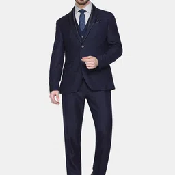 Blackberrys Men Navy Blue Self-Design Single-Breasted Slim-Fit 3-Piece Suit-image-93