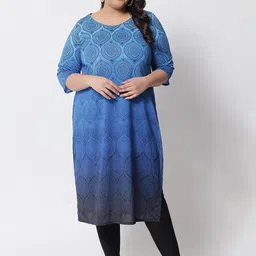 Amydus Woman Plus Size Blue Floral Printed Round Neck Straight Kurti-picture-27