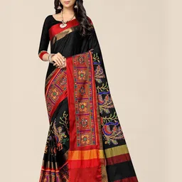 SERONA FABRICS Black & Red Embellished Embroidered Silk Cotton Saree With Blouse Piece-picture-32