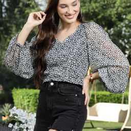 Sera Black & White Animal Print Sweetheart Neck Chiffon Top-image-62