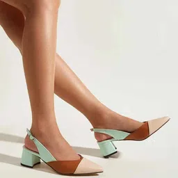 Shoetopia Cream-Coloured & Green Colourblocked Block Pumps with Buckles-1