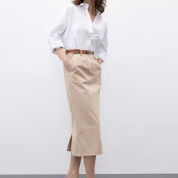 DeFacto Pure Cotton Midi Back Silt Straight Skirt-image-13
