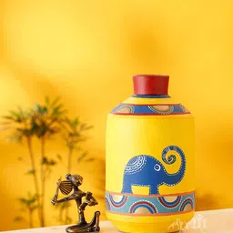 AAKRITI ART CREATIONS Yellow Terracotta Happy Elephants Madhubani Printed Vase-image-83