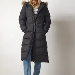 Happiness istanbul Hooded Single-Breasted Overcoat With Faux Fur Trim-image-42