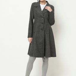Owncraft Women Black & Grey Self-Design Single-Breasted Overcoat-56