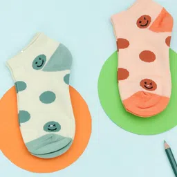 Yellow Bee Girls Pack Of 2 Green & Peach Patterned Cotton Ankle-Length Socks-image-29