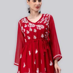 Seva Chikan Ethnic Motifs Chikankari Embroidered Angrakha A line Kurti With Slip-picture-8