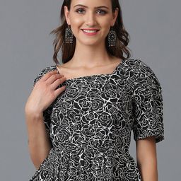 Kotty Black Floral Printed Puff Sleeve Crepe Peplum Top-image-47