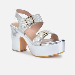VALIOSAA Silver-Toned Party Block Sandals with Buckles-24