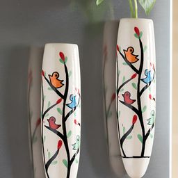 INDIA MEETS INDIA White & Blue 2 Pieces Printed Magnetic Ceramic Vases-25