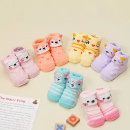 Yellow Bee Infant Girls Pack Of 6 Patterned Anti-Skid Cotton Ankle-Length Socks-4