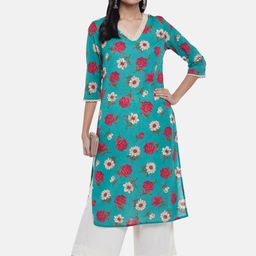 RANGMANCH BY PANTALOONS Women Turquoise Blue Quirky Printed Thread Work Kurta-image-39