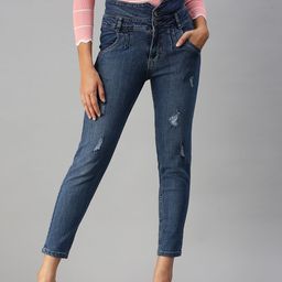 SHOWOFF Women Blue Slim Fit High-Rise Mildly Distressed Light Fade Stretchable Jeans-picture-11