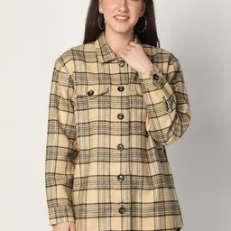 HONNETE Women Beige Black Checked Acrylic Longline Shackets-picture-19