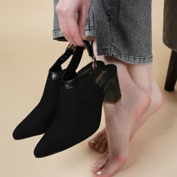 The Roadster Lifestyle Co. Black Textured Pointed Toe Block Heel Mules-11