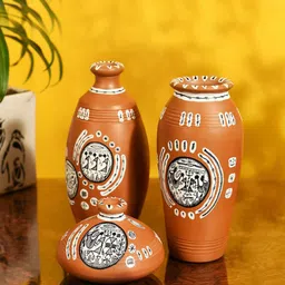 AAKRITI ART CREATIONS Brown & White 3-Pieces Printed Terracotta Vases-image-90