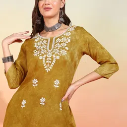 mokshi Ethnic Motifs Tie & Dye Embroidered Chikankari Straight Kurti-image-14
