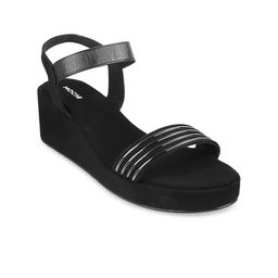 Mochi Women Black Striped Open Toe Synthetic Wedge-3