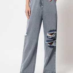 Orchid Blues Women Blue Flared High-Rise Mildly Distressed Heavy Fade Jeans-image-4