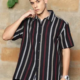 The Roadster Lifestyle Co. Black & Red Striped Oversized Fit Pure Cotton Casual Shirts-image-49