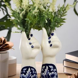 Kaolinite White & Blue 2 Pieces Printed Hand-Shaped Ceramic Flower Vases-image-44