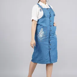 SUMAVI-FASHION Blue Embroidered Linen Denim A-Line Dress-image-35