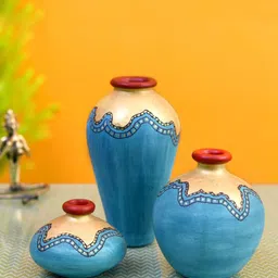 AAKRITI ART CREATIONS  Turquoise Blue 3-Pieces Glaze Printed Vases-image-81