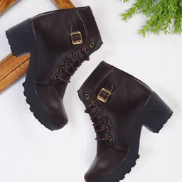 FASHIMO Women Brown High Ankle Block Boots With Buckle Detailing-57