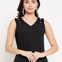 WineRed Women Black V-Neck Beads Detailed Crepe Top-image-75