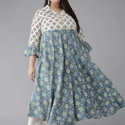 KALINI Floral Printed Shirt Collar Anarkali Kurta-image-90