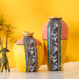 AAKRITI ART CREATIONS Earthen 2 Pcs Yellow & Pink Printed Terracotta Vases-image-93