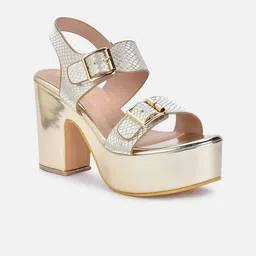 VALIOSAA Gold-Toned Party Block Sandals with Buckles-25
